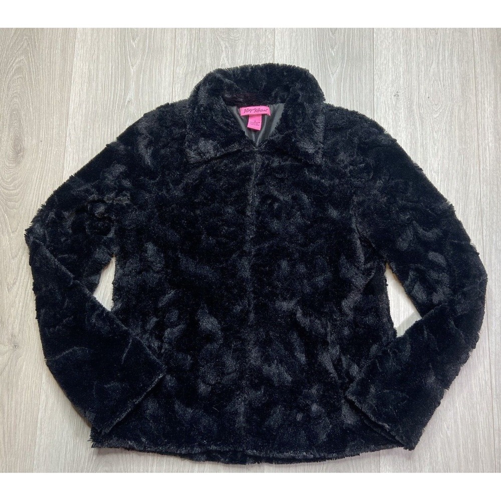 Betsey Johnson Jacket Women Small Black Faux Fur Floral Rose Plush Coat Y2K